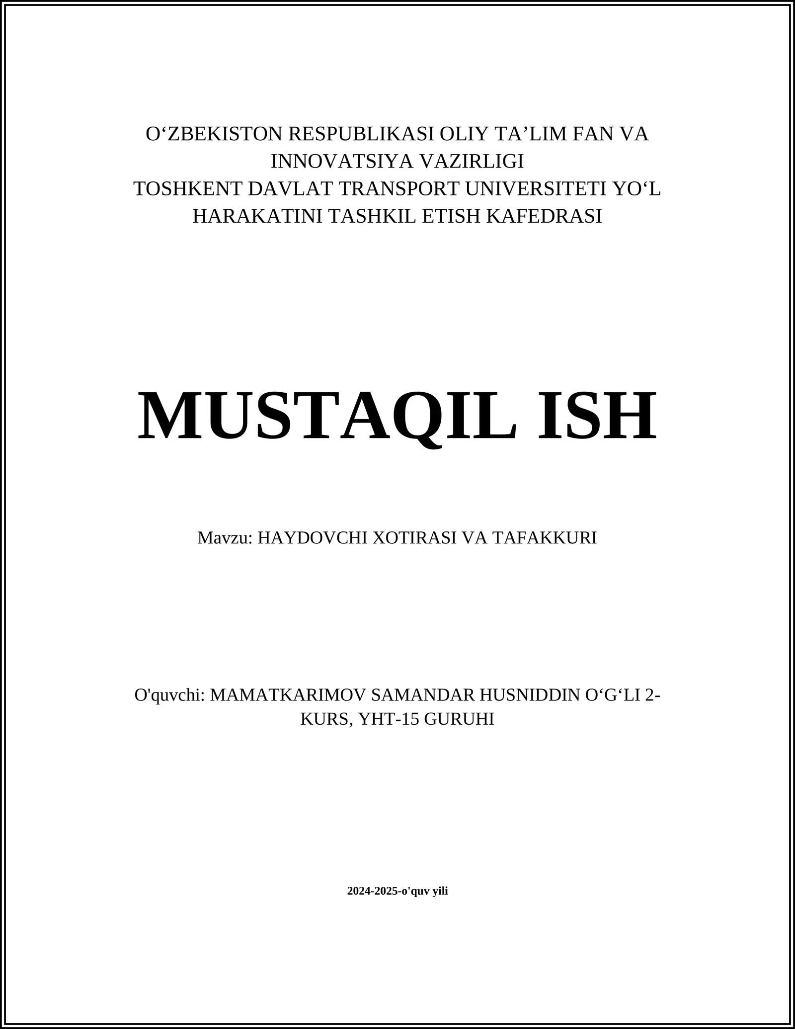 HAYDOVCHI XOTIRASI VA TAFAKKURI