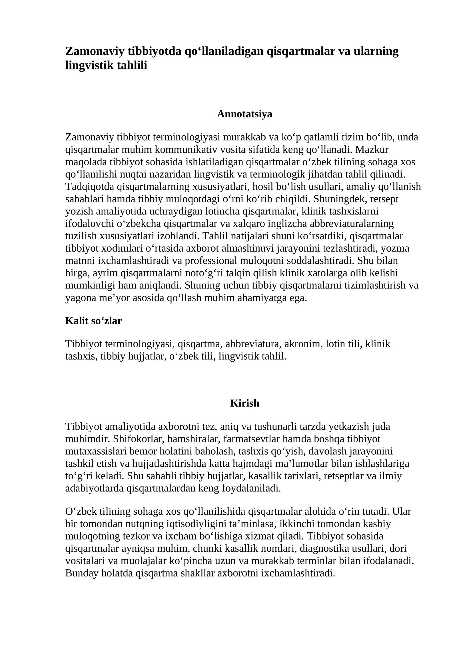 Zamonaviy tibbiyotda qo‘llaniladigan qisqartmalar va ularning lingvistik tahlili