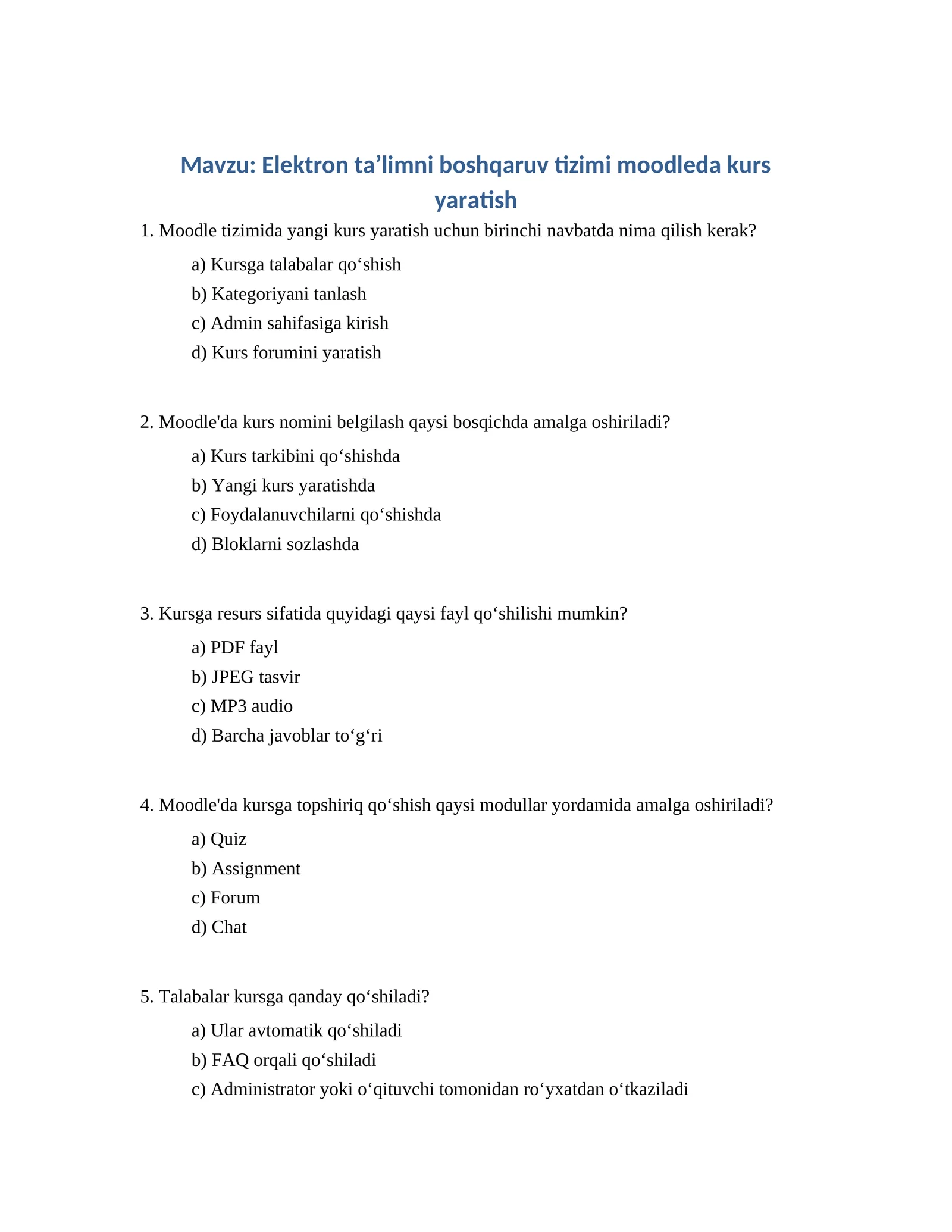 Elektron taʼlimni boshqaruv tizimi moodleda kurs yaratish