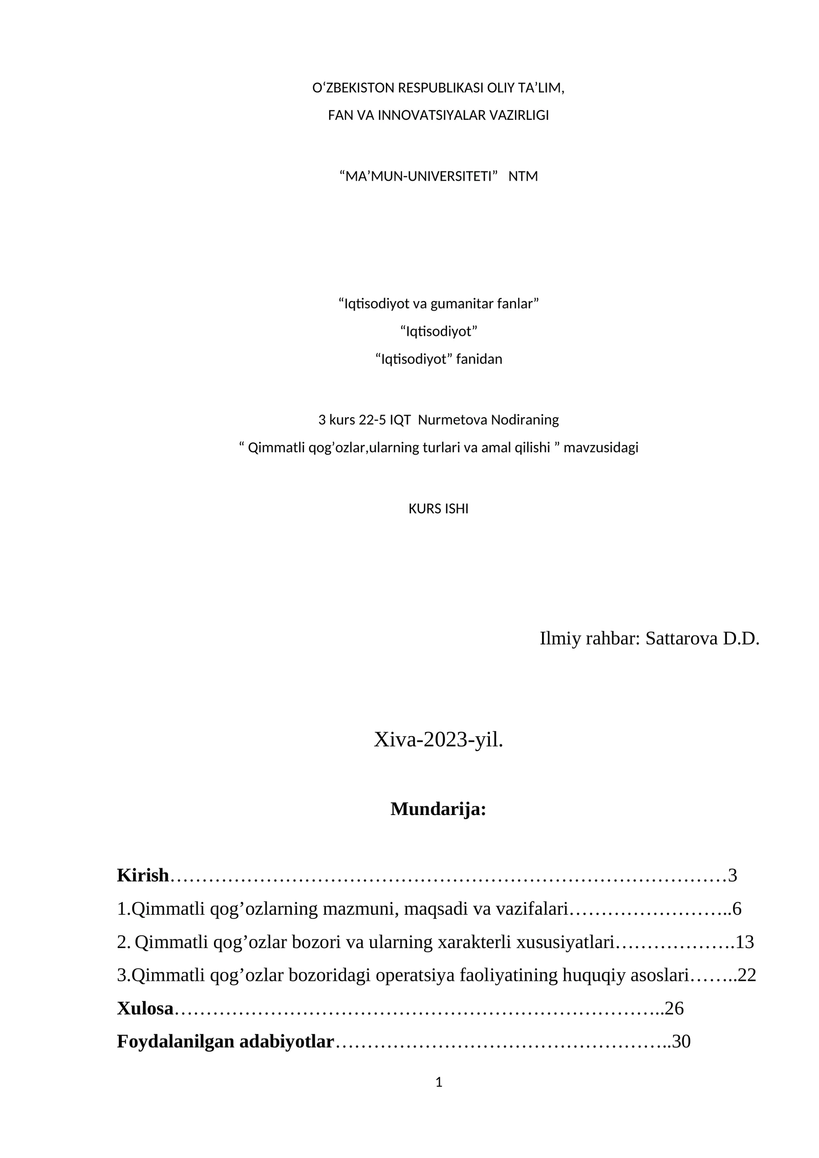 Qimmatli qog’ozlar,ularning turlari va amal qilishi