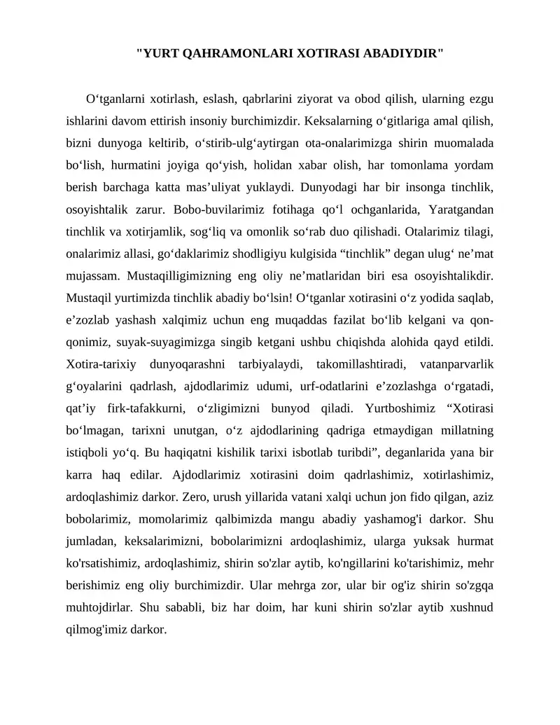 INSHO Yurt qahramonlari xotirasi abadiydir