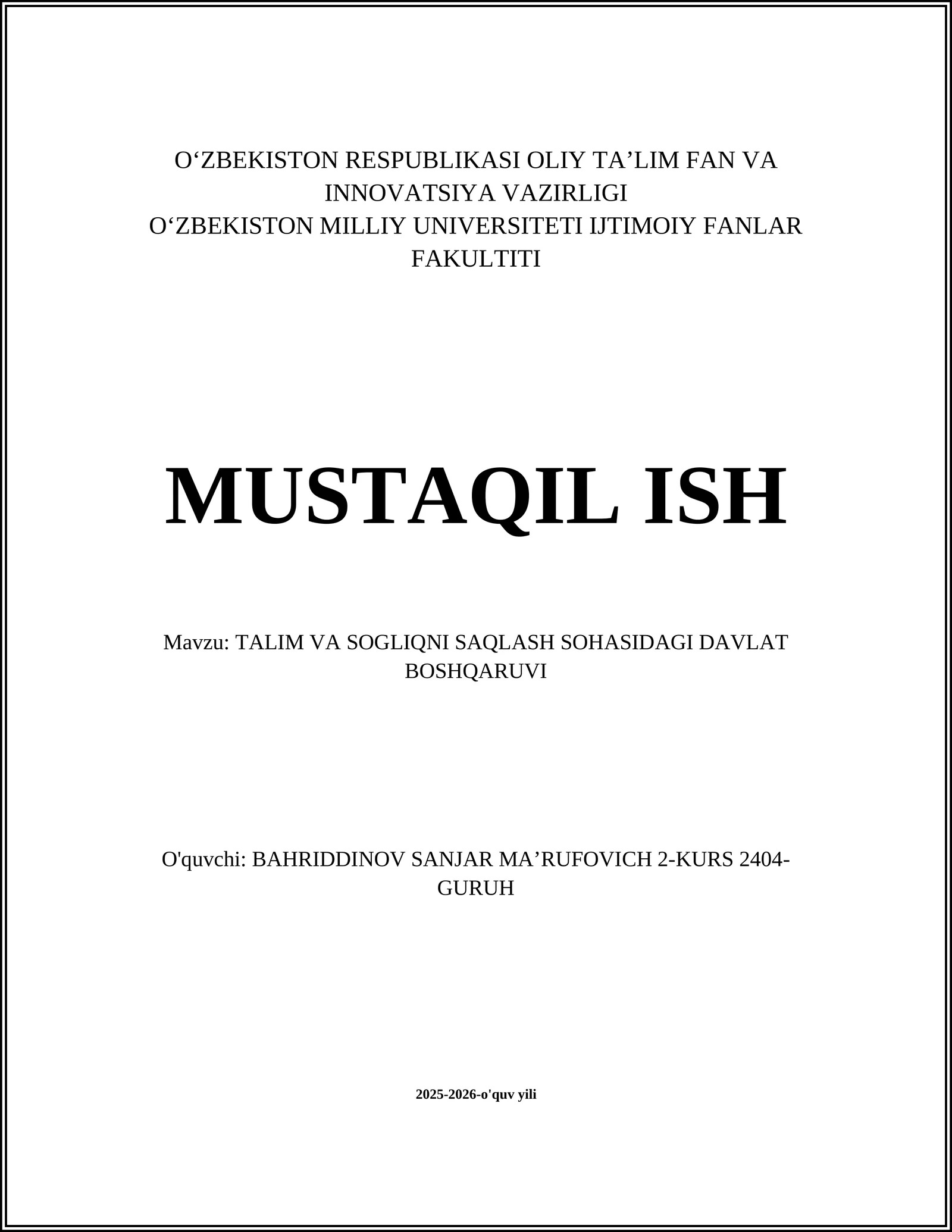 TALIM VA SOGLIQNI SAQLASH SOHASIDAGI DAVLAT BOSHQARUVI