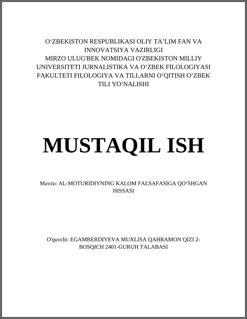 AL-MOTURIDIYNING KALOM FALSAFASIGA QO‘SHGAN HISSASI