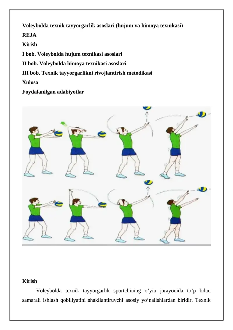 Voleybolda texnik tayyorgarlik asoslari (hujum va himoya texnikasi)
