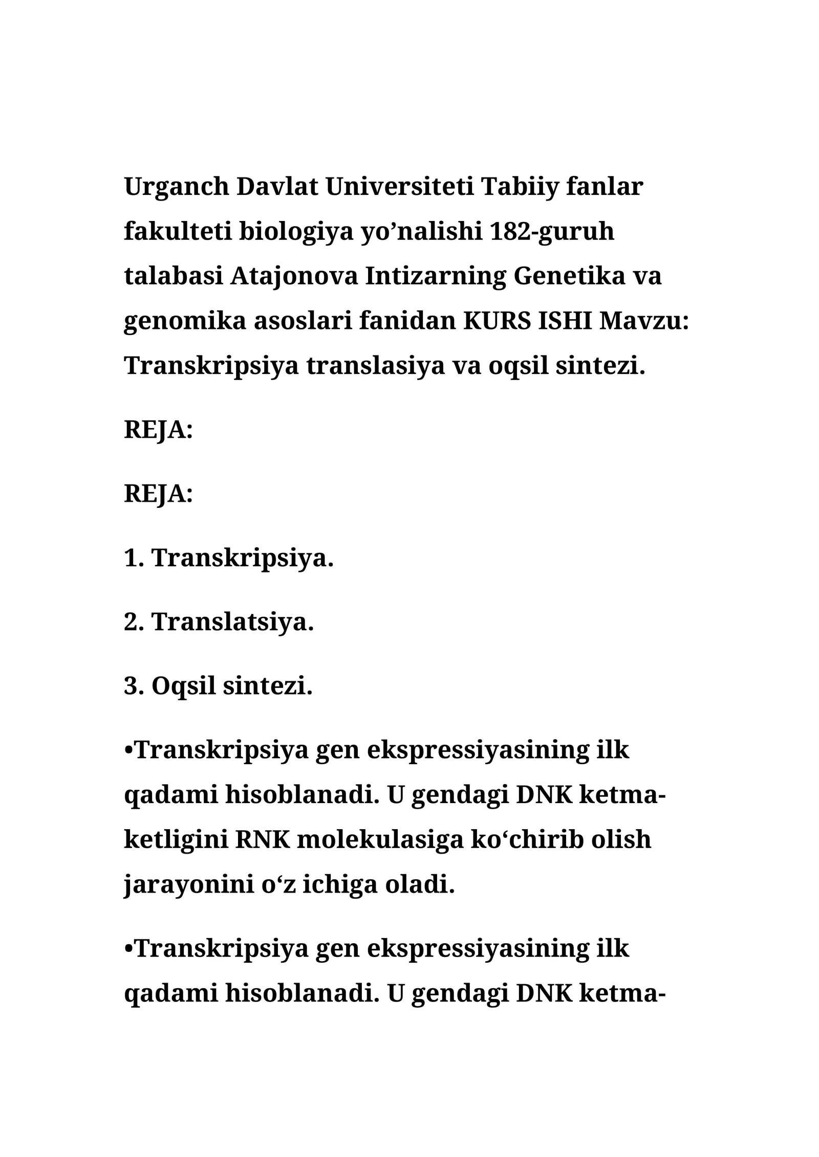 Transkripsiya translasiya va oqsil sintezi