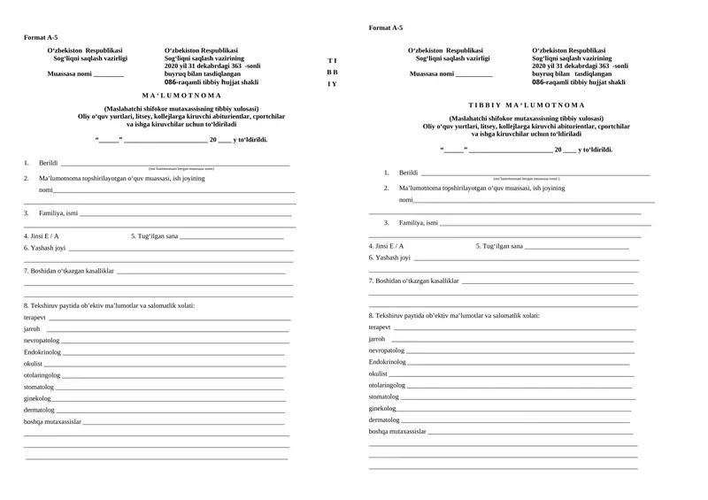 086 tibbiy ma'lumotnoma
