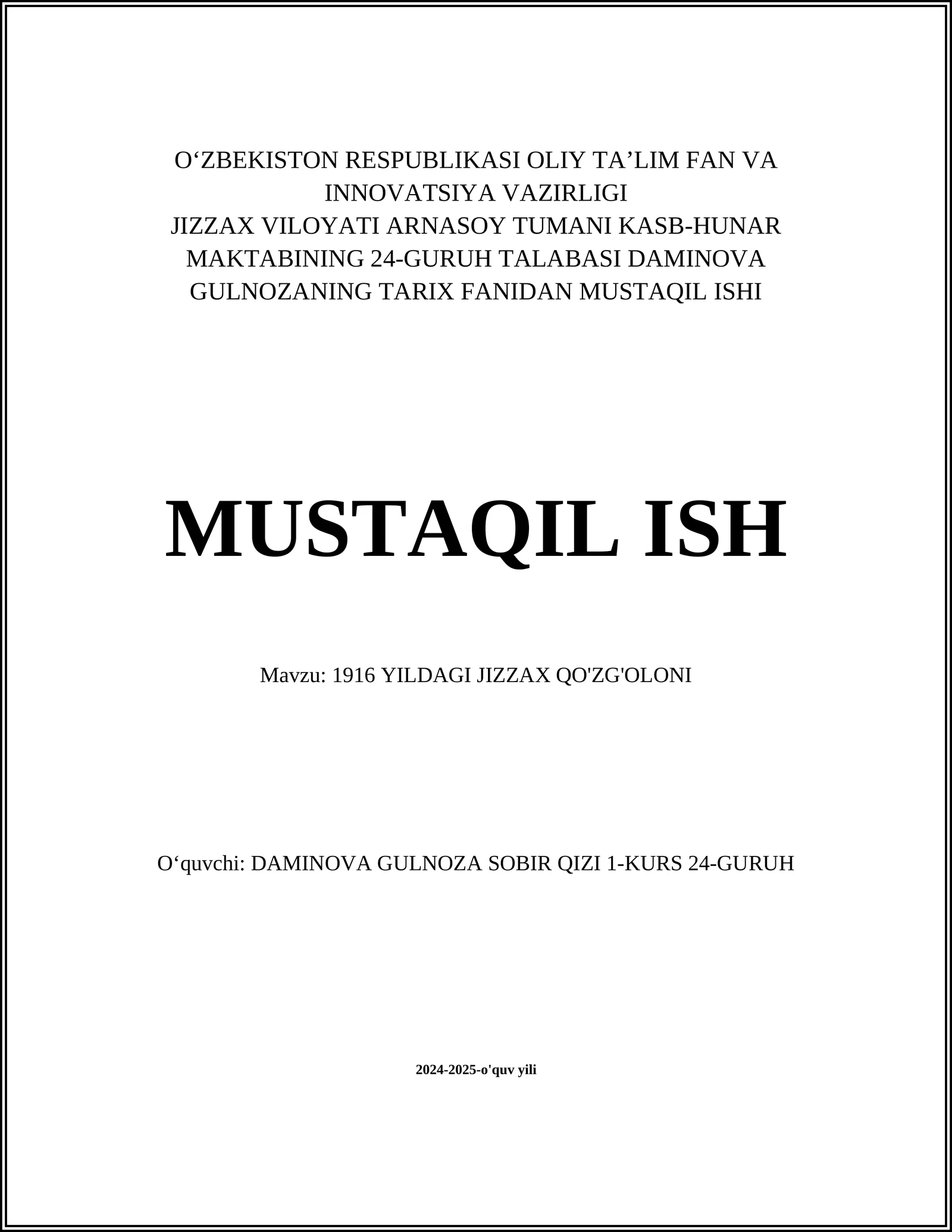 1916 YILDAGI JIZZAX QO'ZG'OLONI