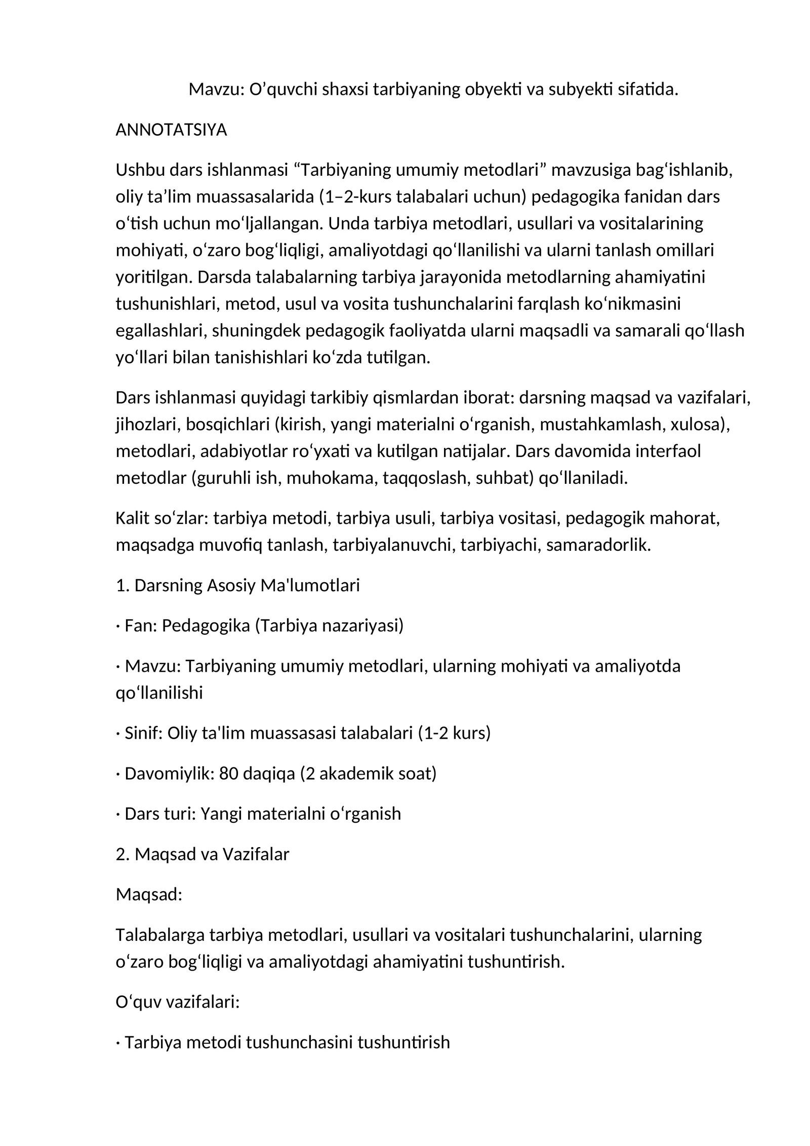 O’quvchi shaxsi tarbiyaning obyekti va subyekti sifatida