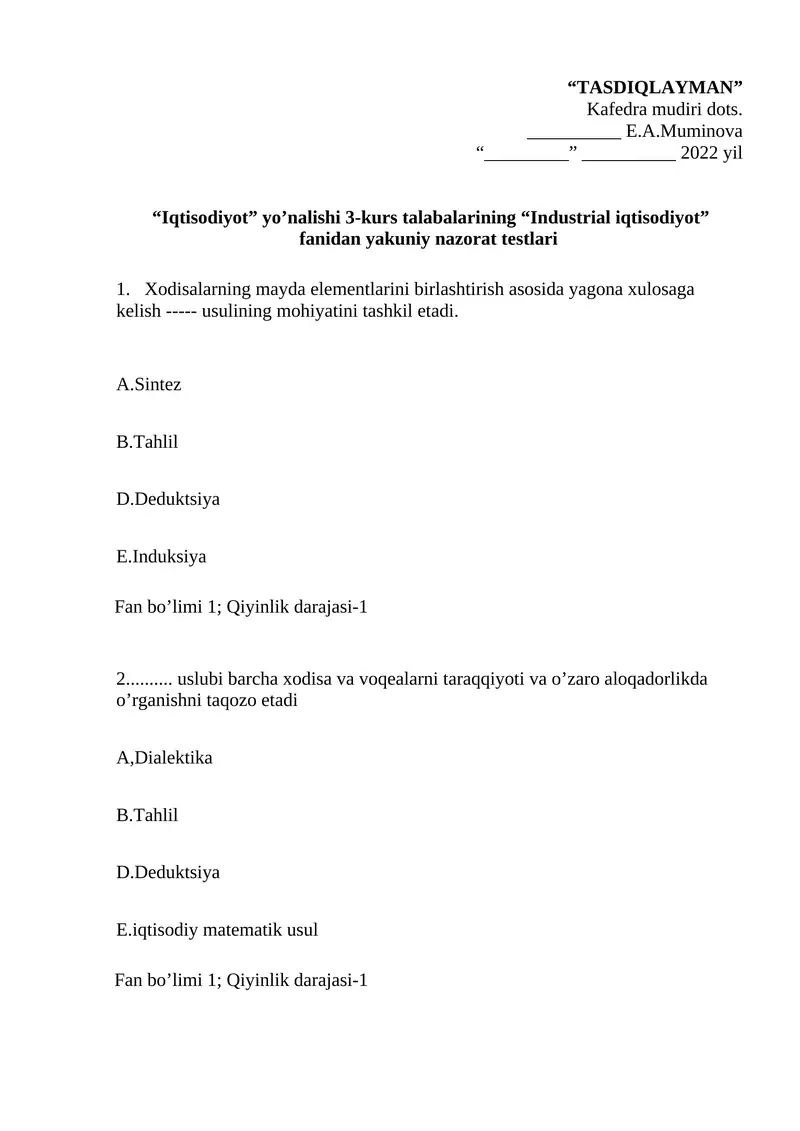 Iqtisodiyot nazorat testlari