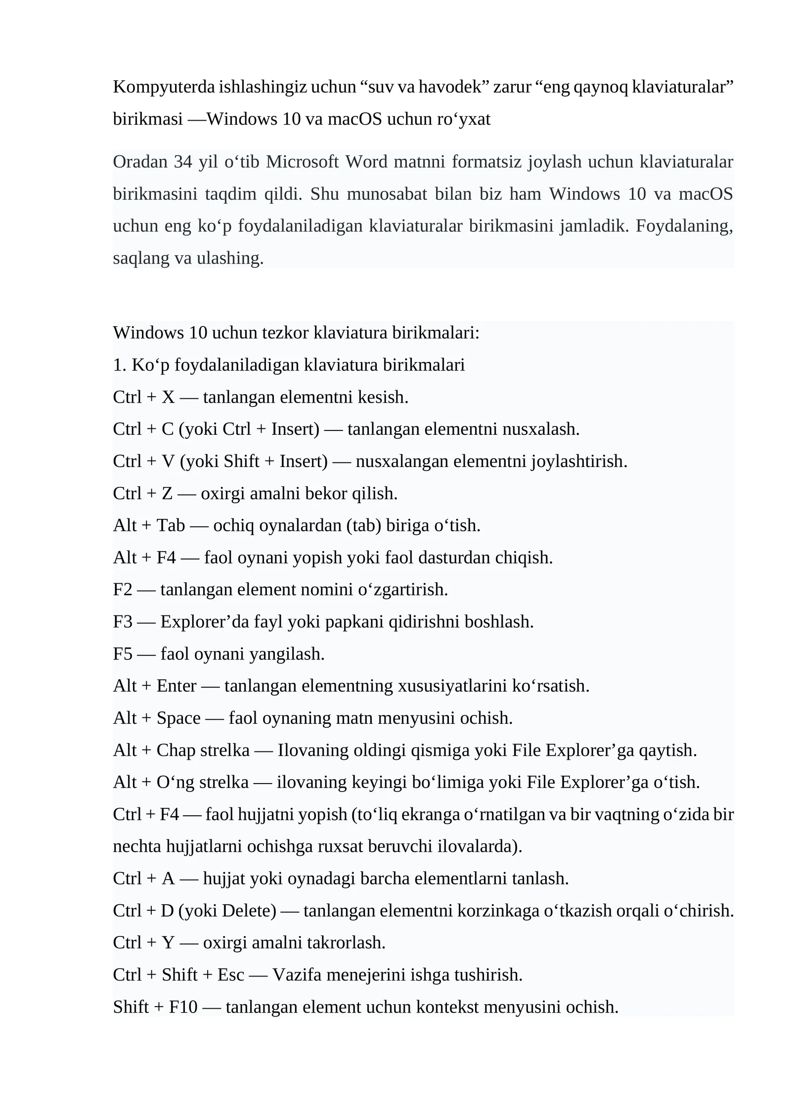 Windows 10 va macOS uchun eng koʻp foydalaniladigan klaviaturalar birikmasi