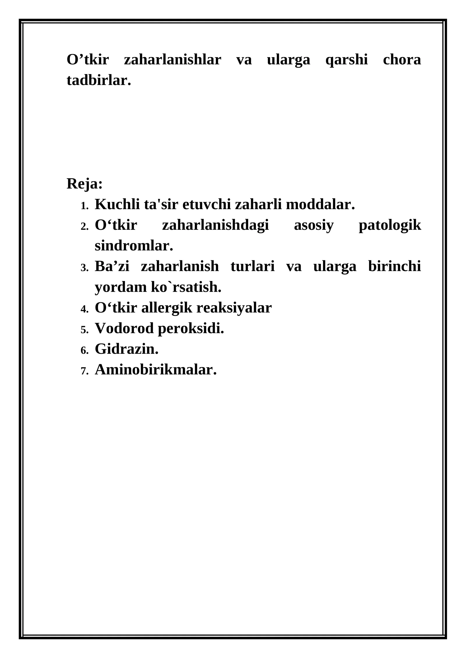 O‘tkir zaharlanishlar va ularga qarshi chora tadbirlar