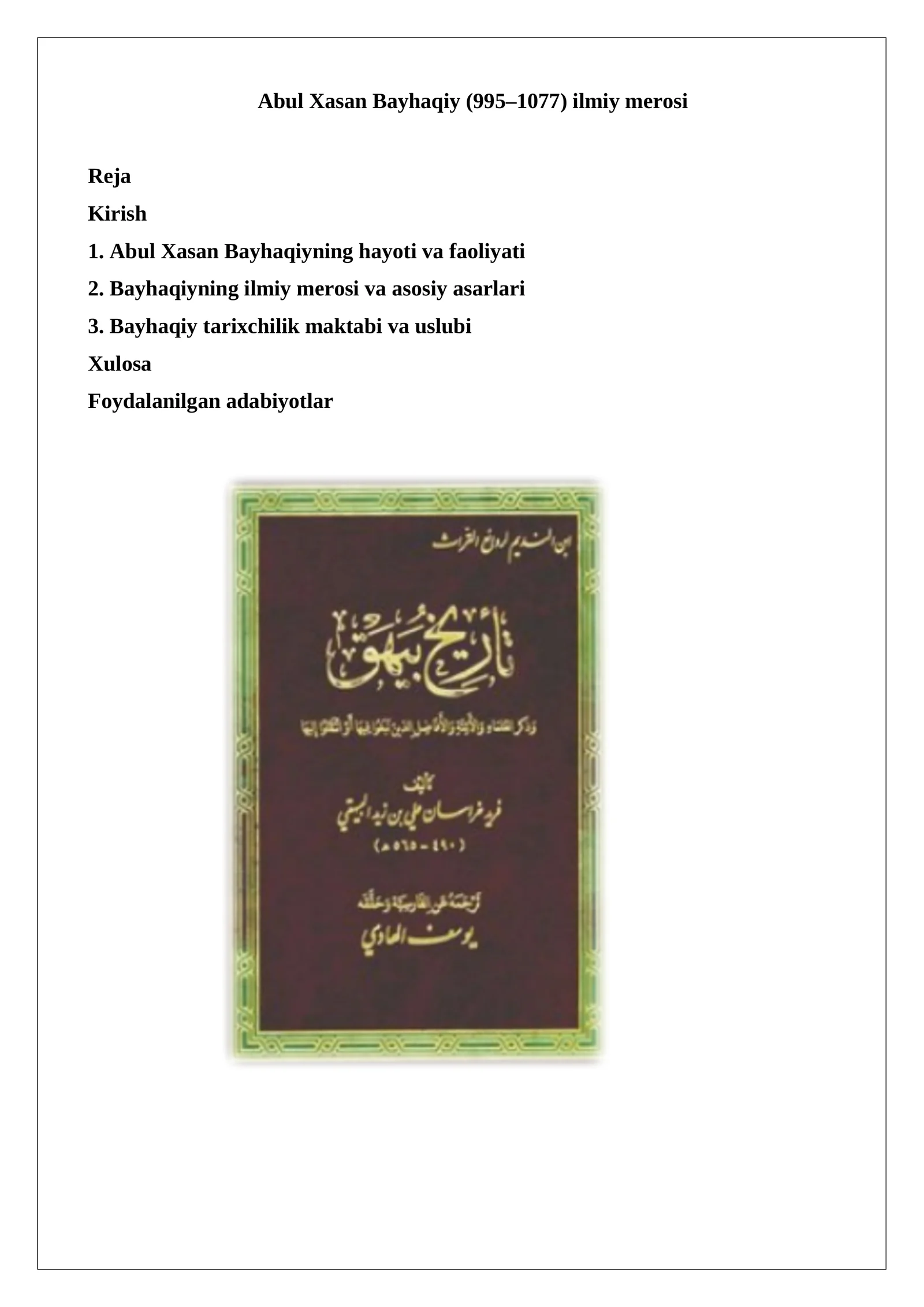 Abul Xasan Bayhaqiy (995–1077) ilmiy merosi