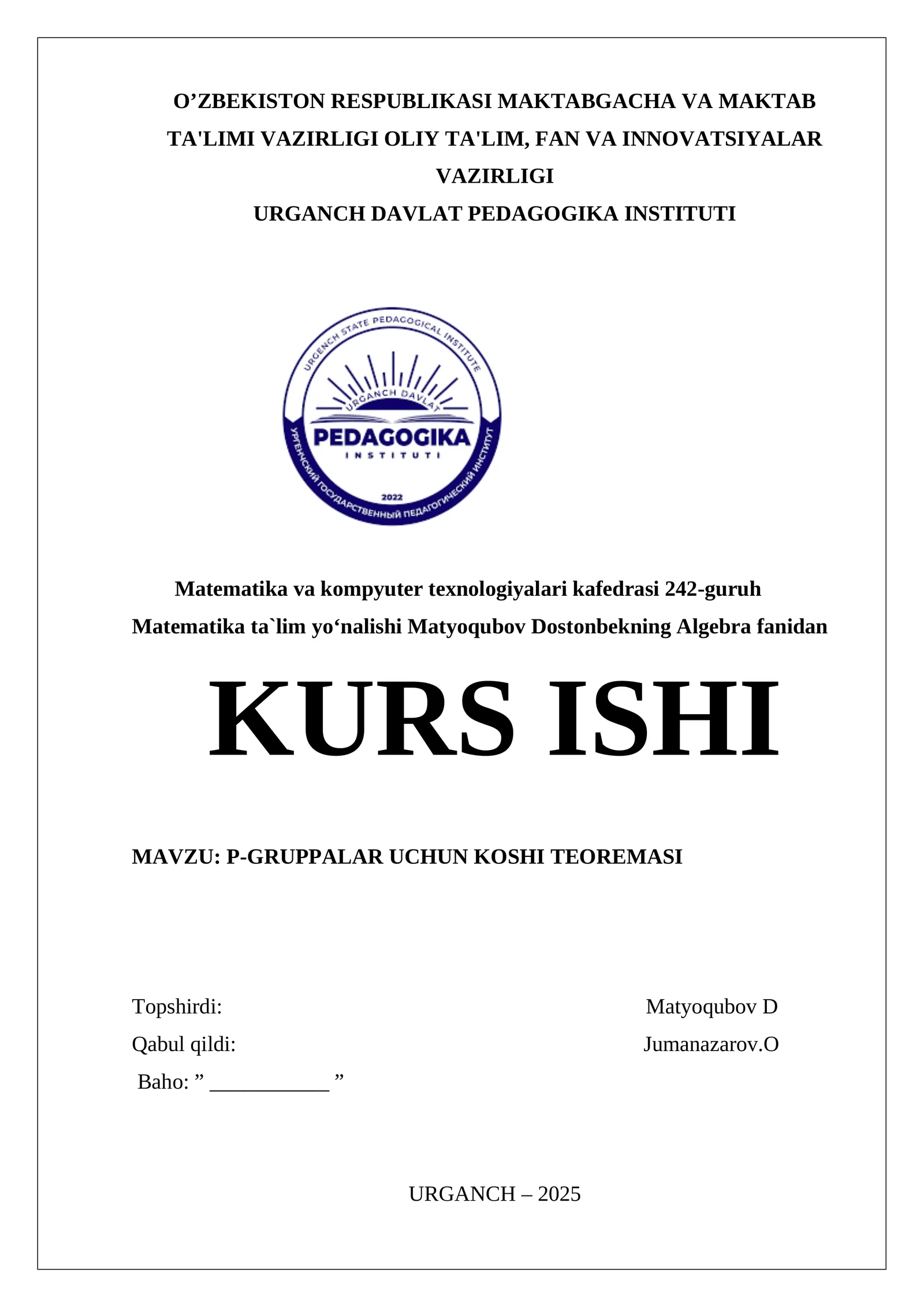 P-GRUPPALAR UCHUN KOSHI TEOREMASI