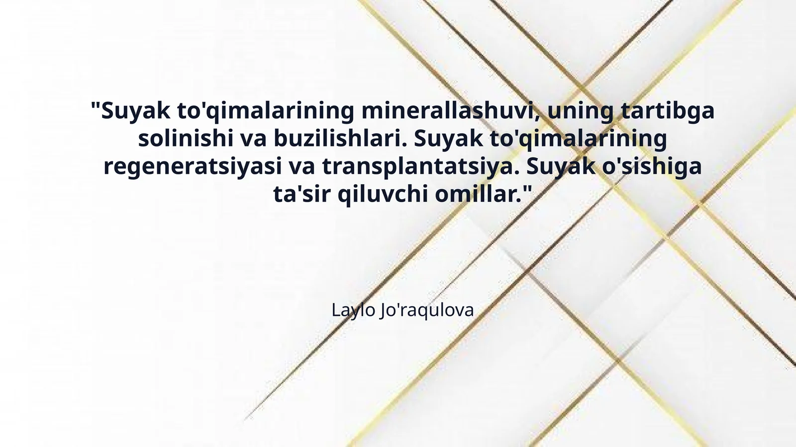 "Suyak to'qimalarining minerallashuvi, uning tartibga solinishi va buzilishlari. Suyak to'qimalarining regeneratsiyasi va transplantatsiya. Suyak o'sishiga ta'sir qiluvchi omillar."