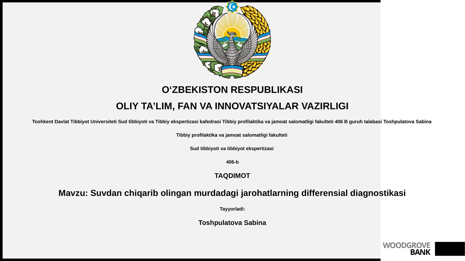 Suvdan chiqarib olingan murdadagi jarohatlarning differensial diagnostikasi