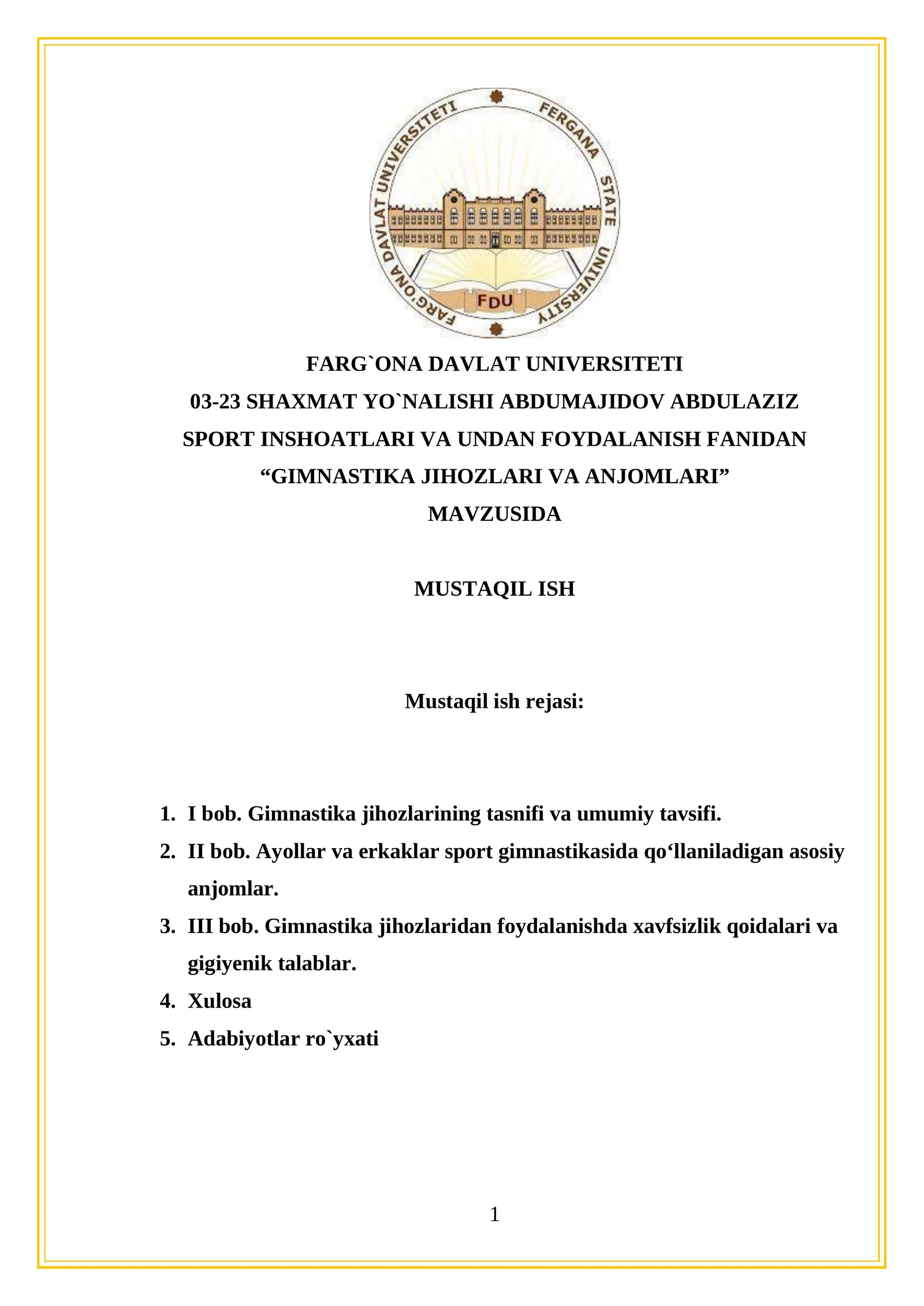 “GIMNASTIKA JIHOZLARI VA ANJOMLARI”