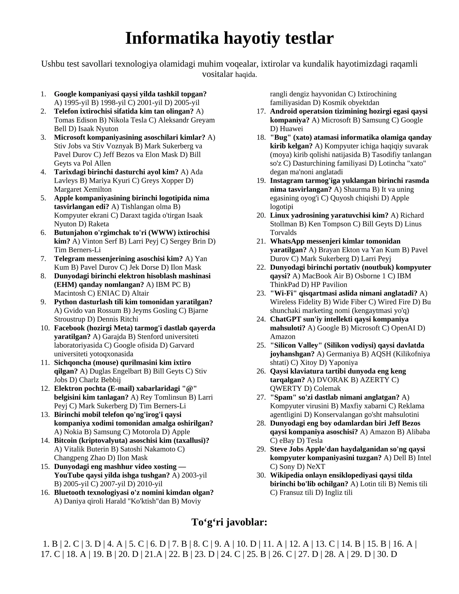 Informatikadan 30 hayotiy test