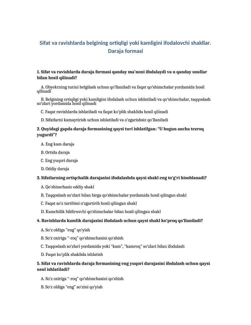Sifat va ravishlarda belgining ortiqligi yoki kamligini ifodalovchi shakllar