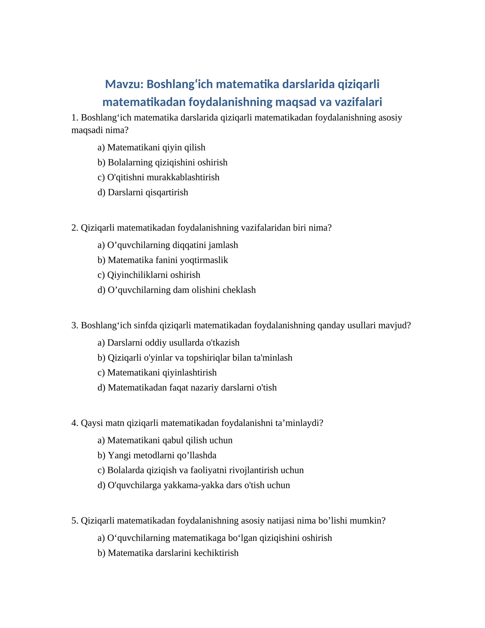 Boshlangʻich matematika darslarida qiziqarli matematikadan foydalanishning maqsad va vazifalari