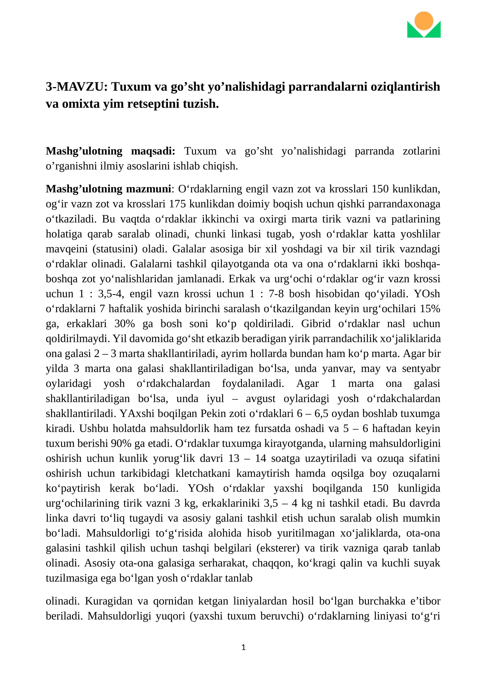 Tuxum va go’sht yo’nalishidagi parrandalarni oziqlantirish va omixta yim retseptini tuzish