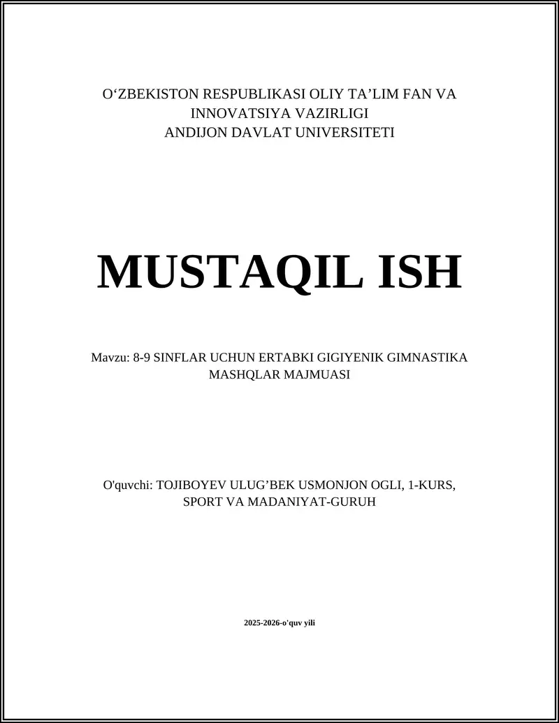 8-9 SINFLAR UCHUN ERTABKI GIGIYENIK GIMNASTIKA MASHQLAR MAJMUASI
