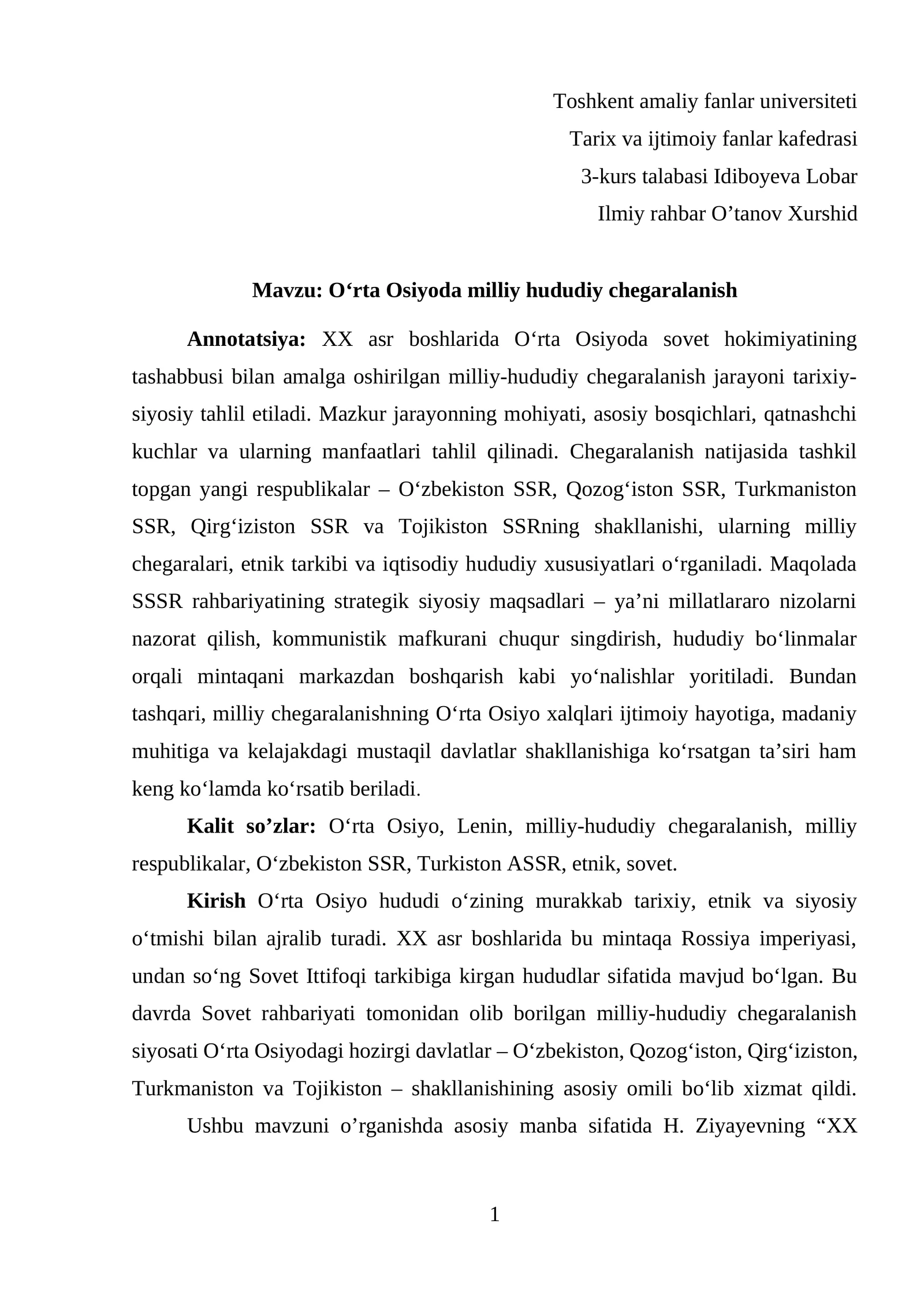 O‘rta Osiyoda milliy hududiy chegaralanish