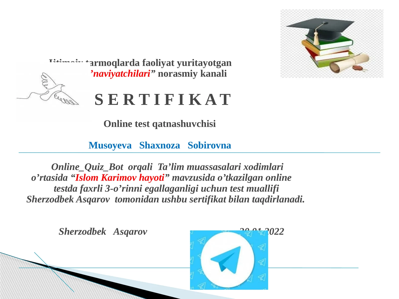 "Islom Karimov hayoti" mavzusida o'tkazilgan onlinetest