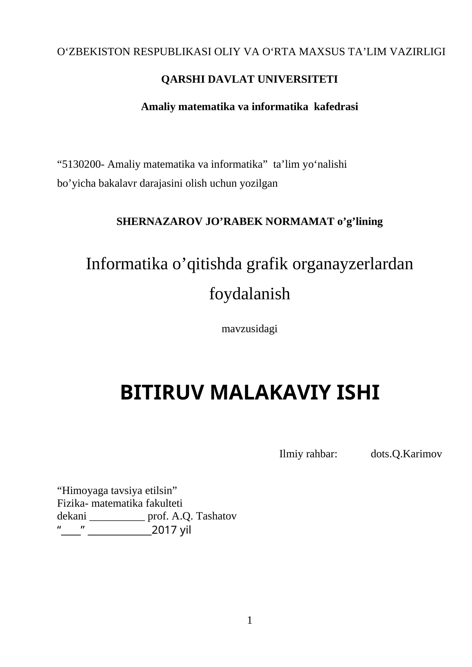 Informatika o’qitishda grafik organayzerlardan foydalanish mavzusidagi BITIRUV MALAKAVIY ISHI