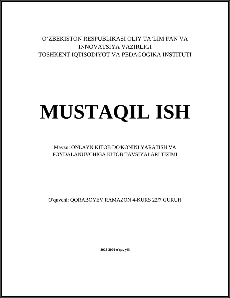 ONLAYN KITOB DO'KONINI YARATISH VA FOYDALANUVCHIGA KITOB TAVSIYALARI TIZIMI