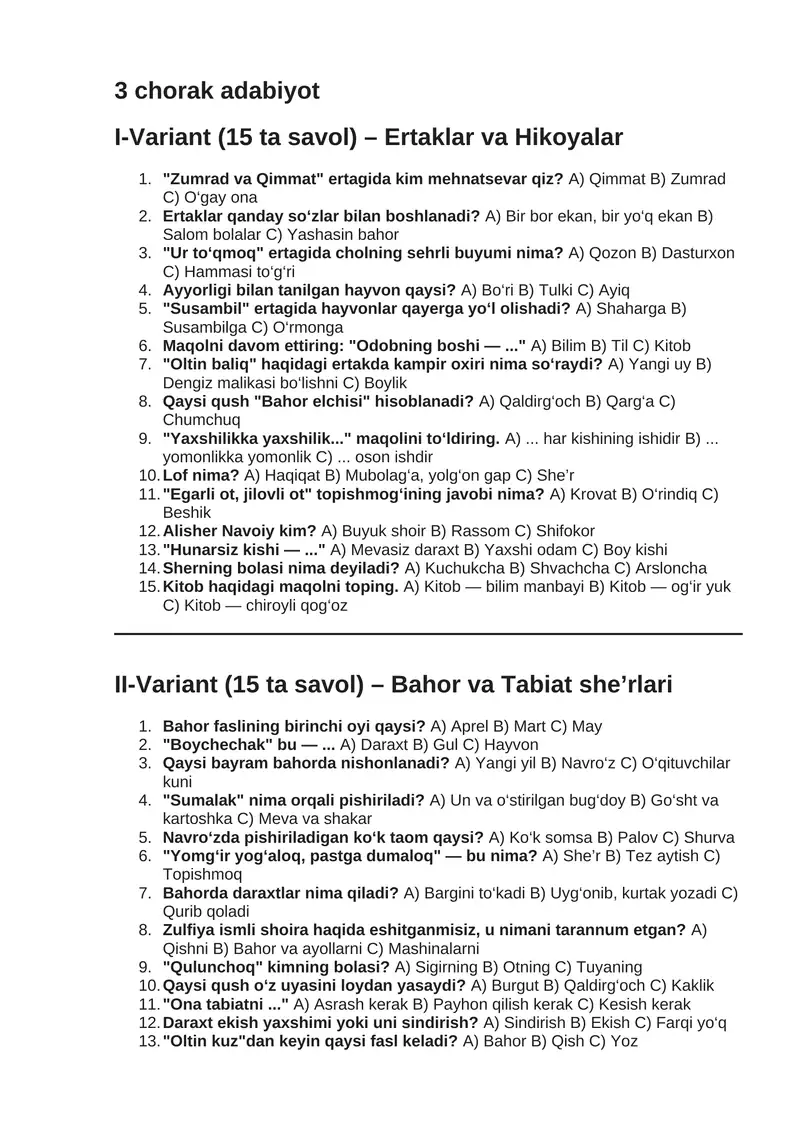 3 chorak adabiyot yakuniy test