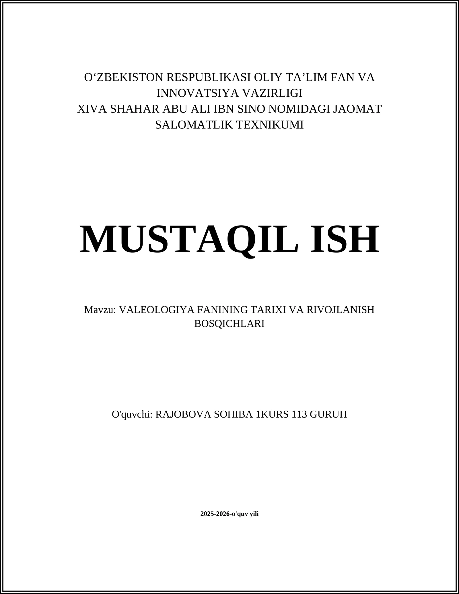 VALEOLOGIYA FANINING TARIXI VA RIVOJLANISH BOSQICHLARI