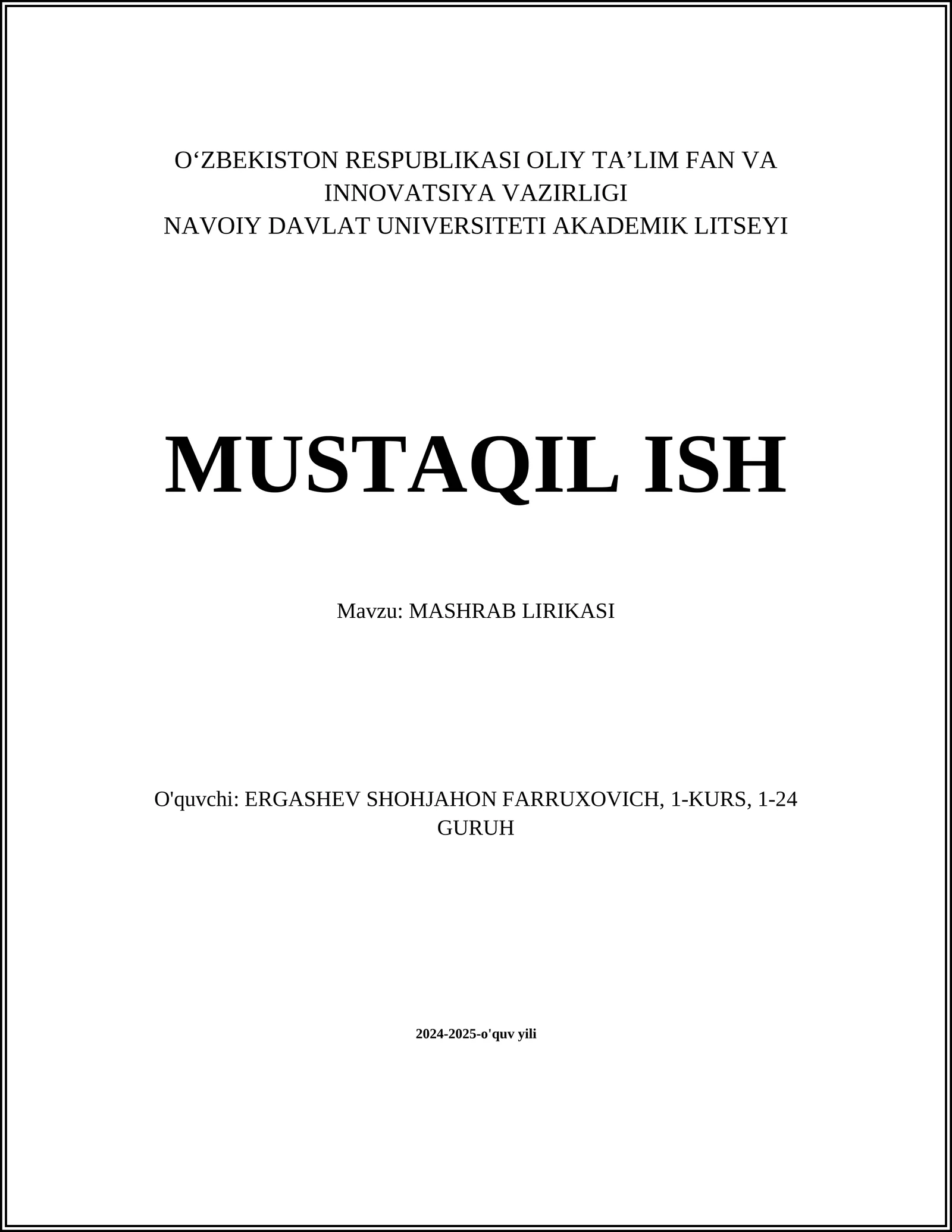 MUSTAQIL ISH Mavzu: MASHRAB LIRIKASI