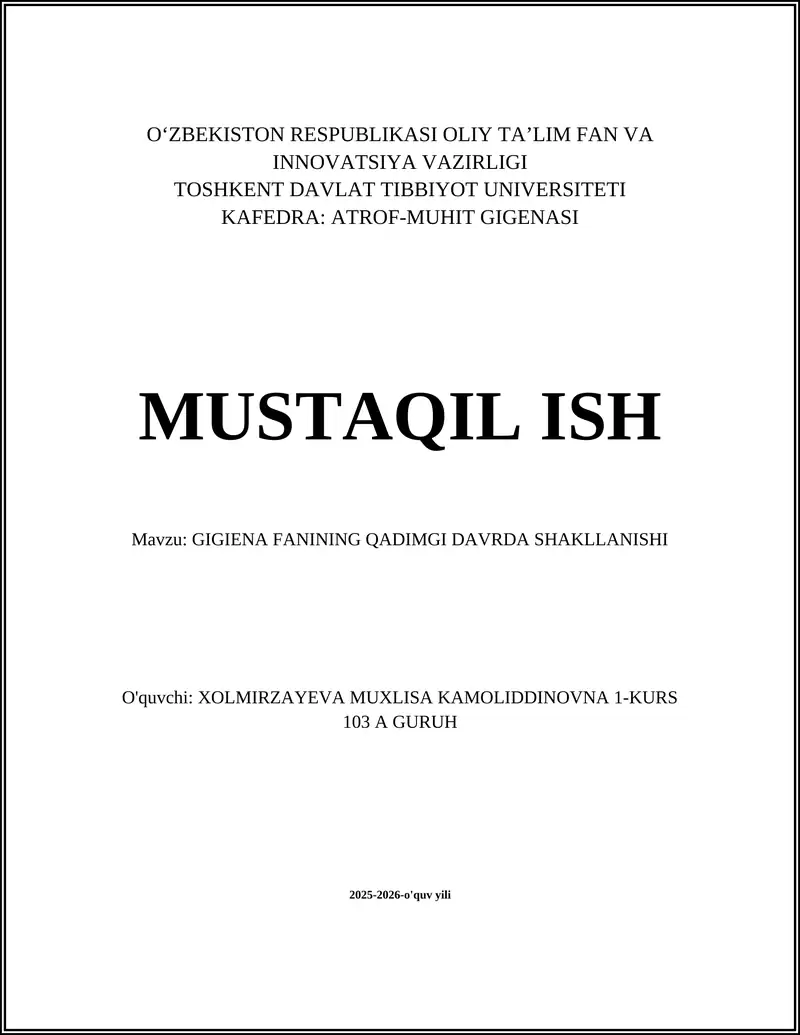 GIGIENA FANINING QADIMGI DAVRDA SHAKLLANISHI