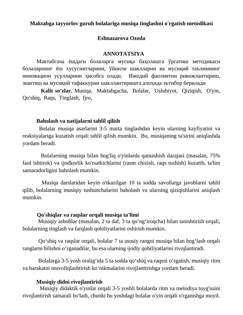 Maktabga tayyorlov guruh bolalariga musiqa tinglashni o'rgatish metodikasi