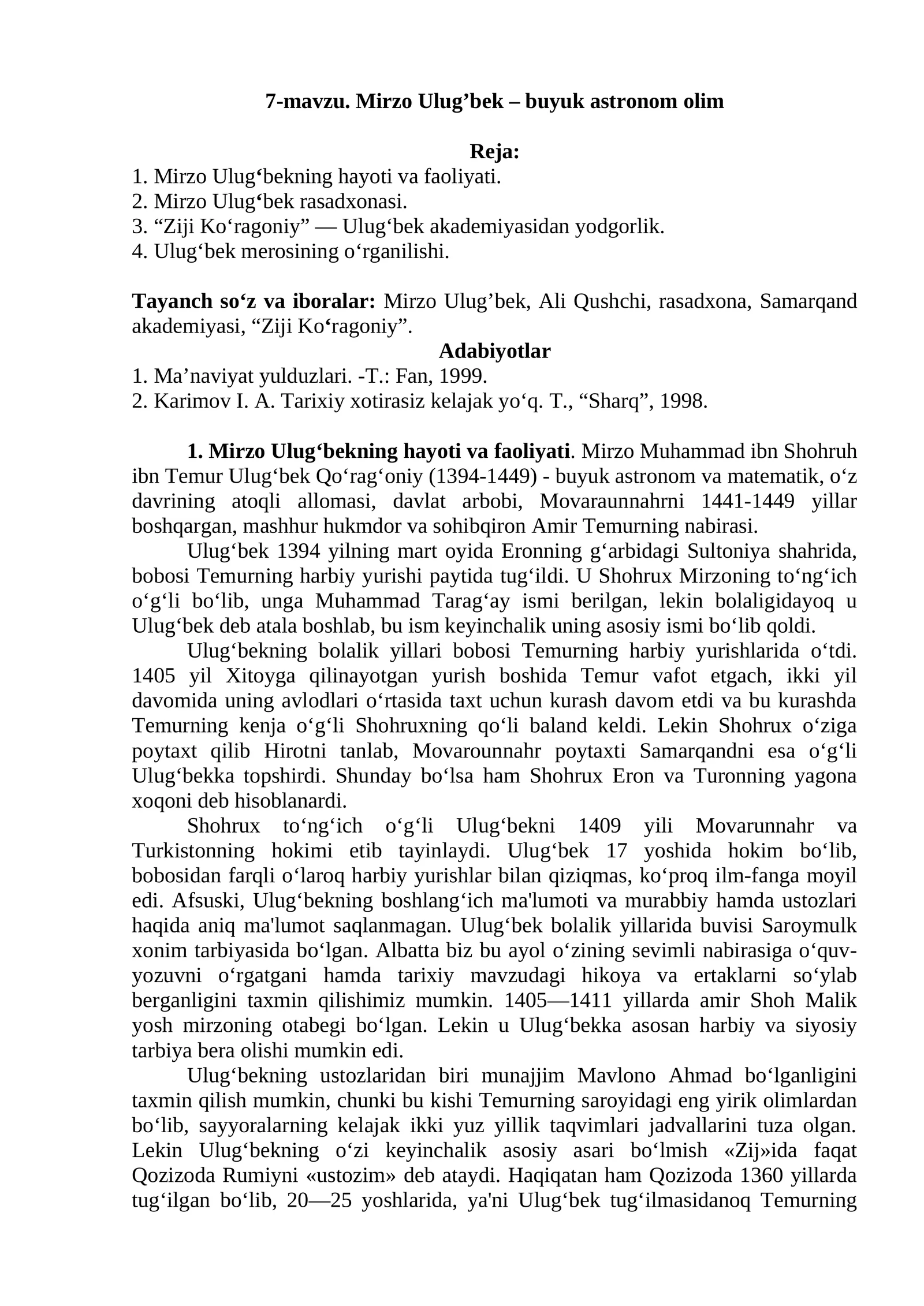 Mirzo Ulug’bek – buyuk astronom olim