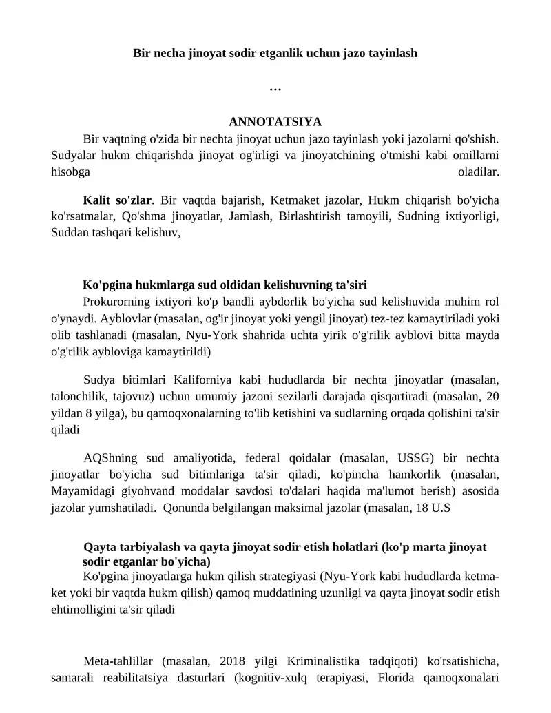 Bir necha jinoyat sodir etganlik uchun jazo tayinlash