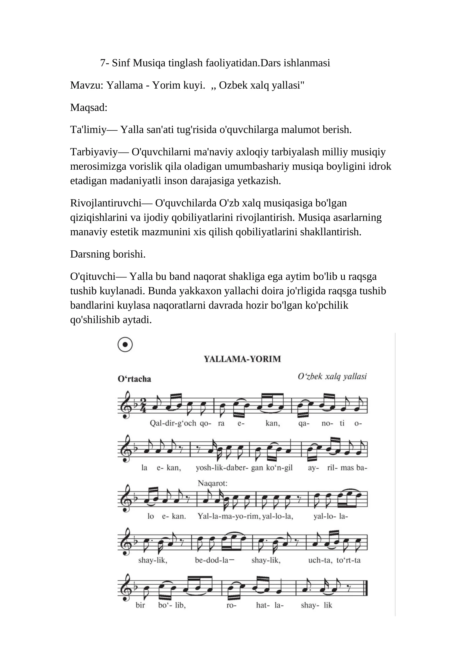 7- Sinf Musiqa tinglash faoliyatidan.Dars ishlanmasi