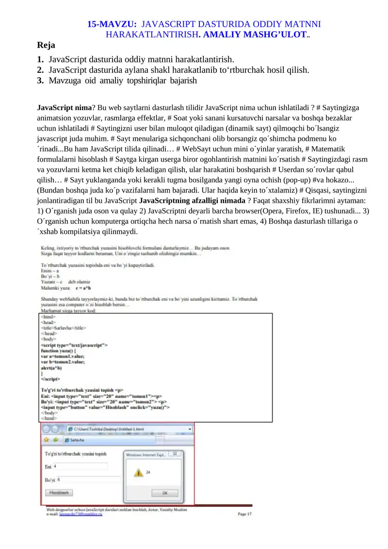 JavaScript dasturida oddiy matnni harakatlantirish