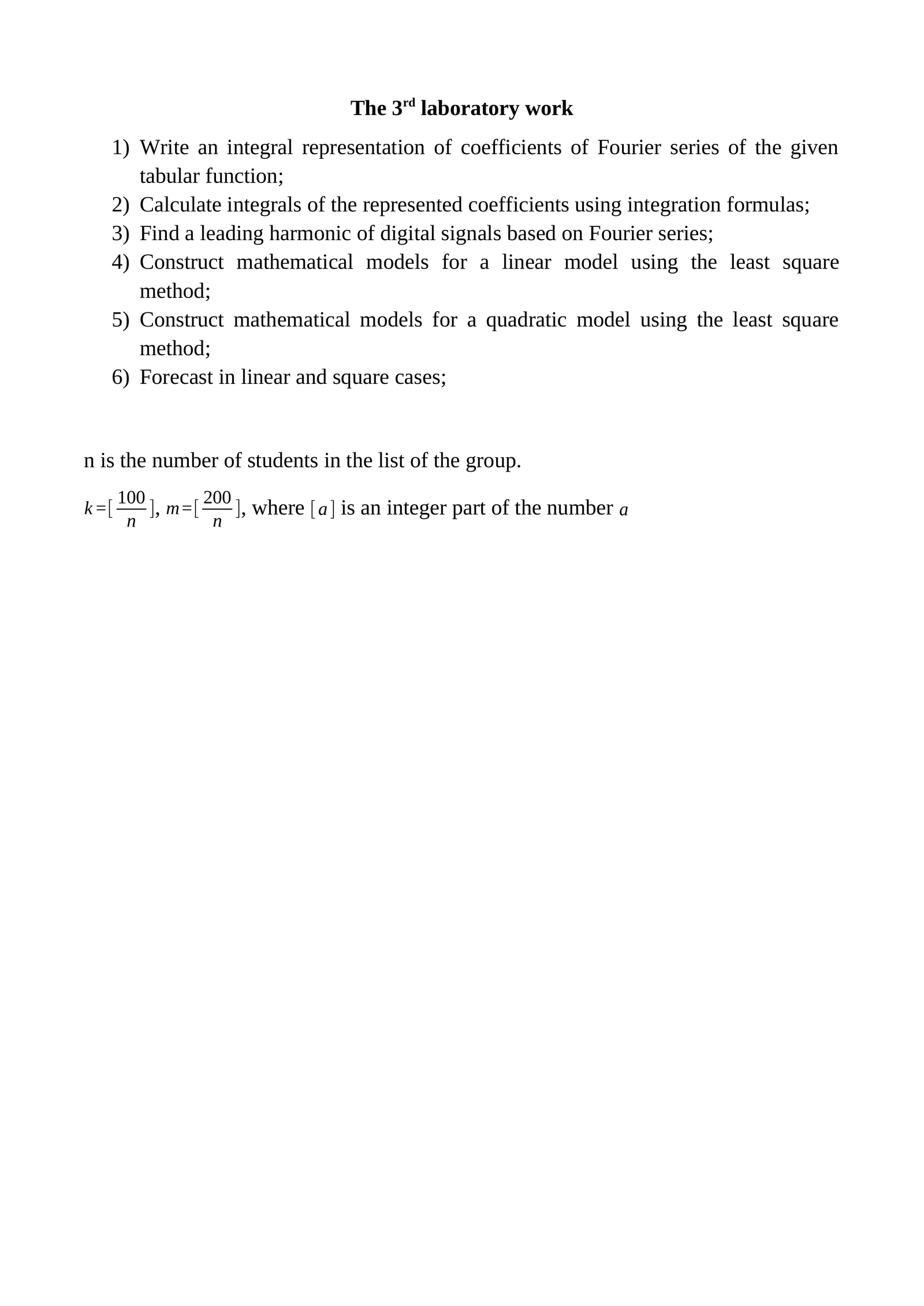 Practical exercises involving integral representations, calculating integrals, finding leading harmonics, and constructing mathematical models using the least square method