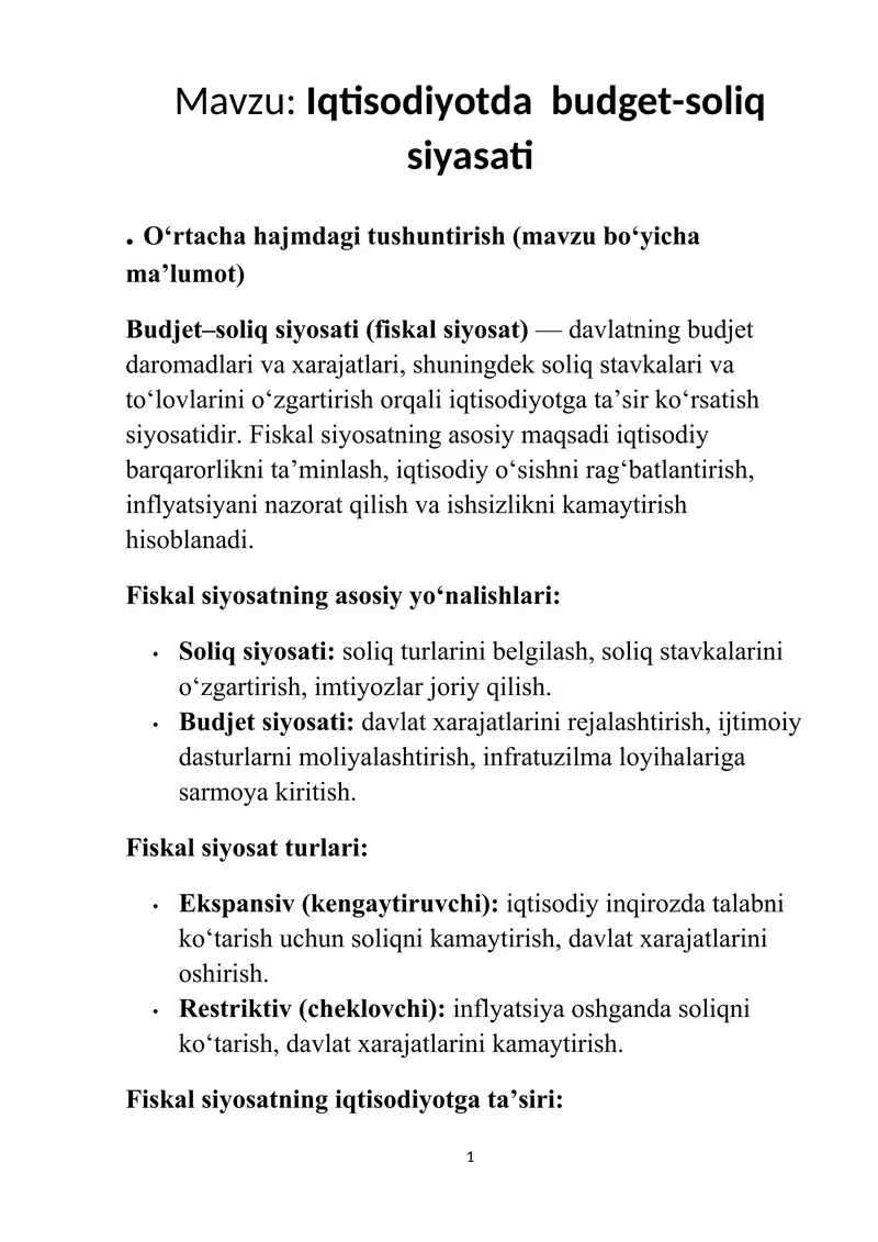 Iqtisodiyotda budget-soliq siyasati