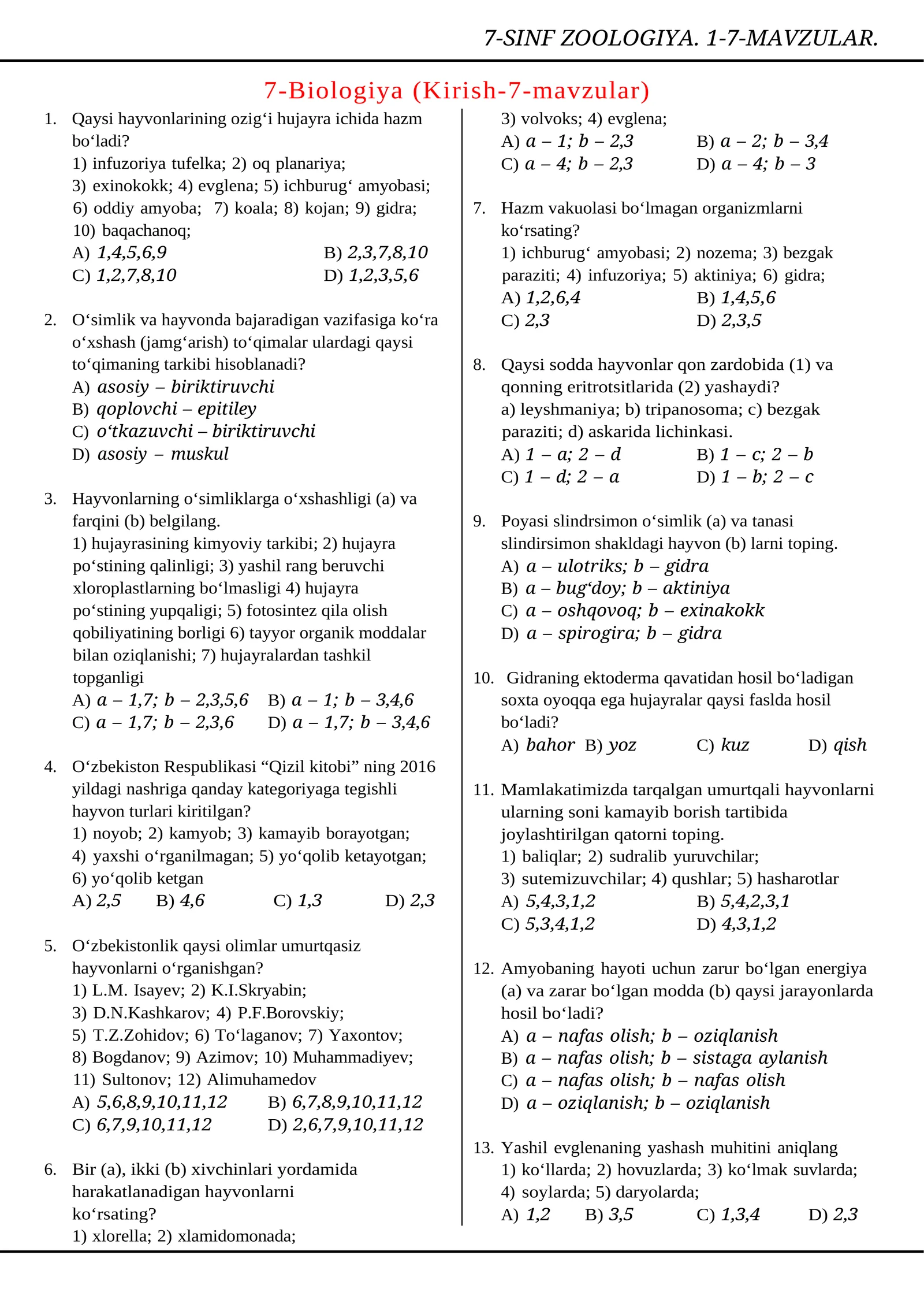 7-SINF ZOOLOGIYA. 1-7-MAVZULAR