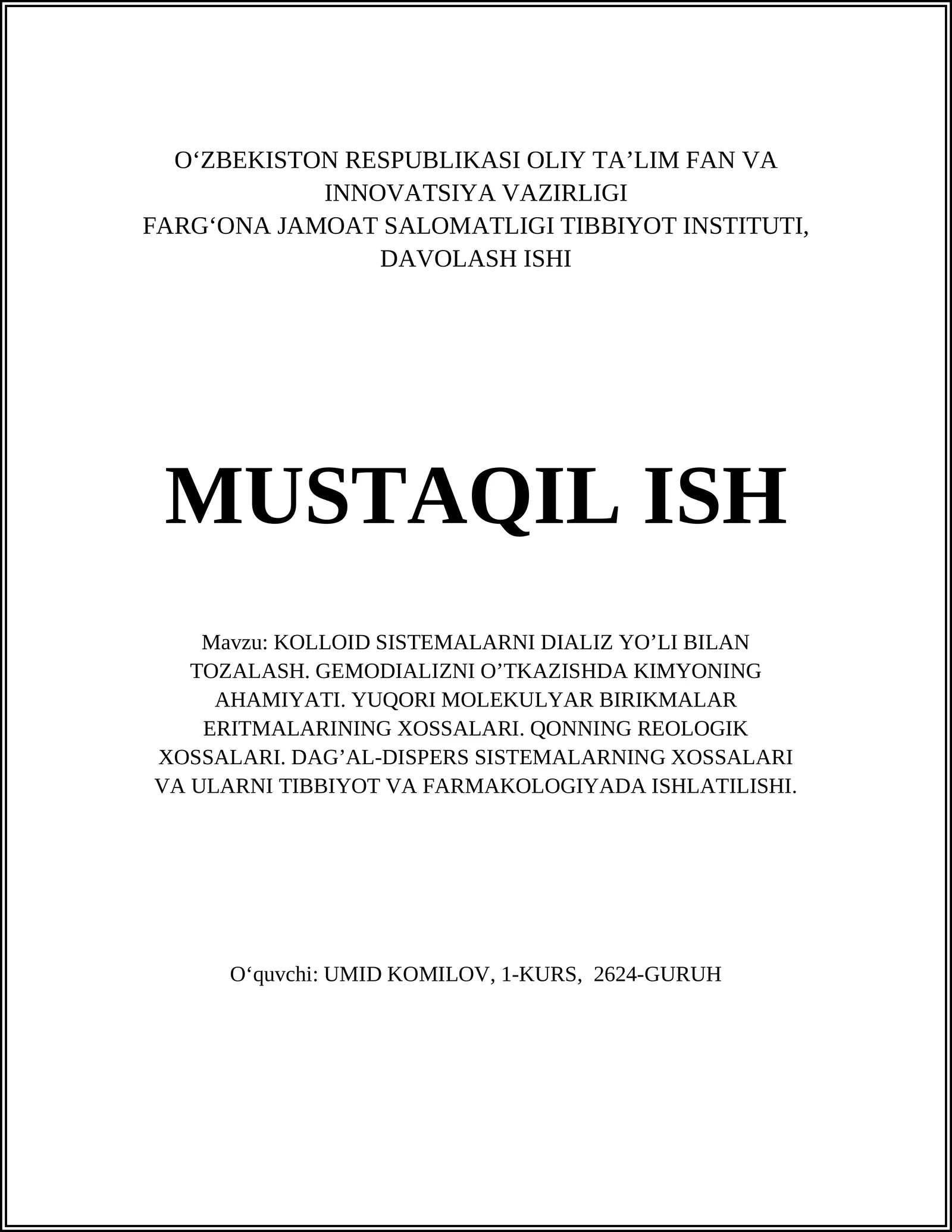 Kolloid Sistemalarni DIALIZ Yo’li Bilan Tozalash