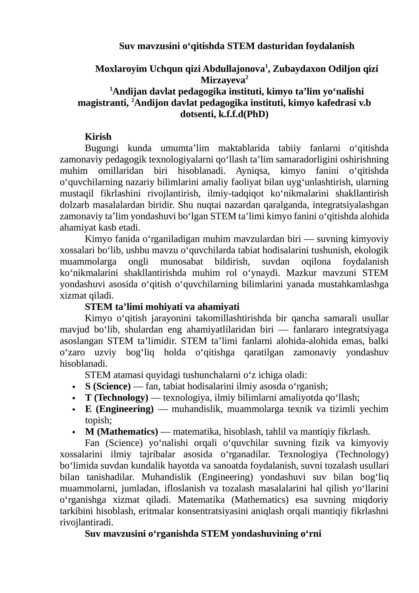 Suv mavzusini o‘qitishda STEM dasturidan foydalanish