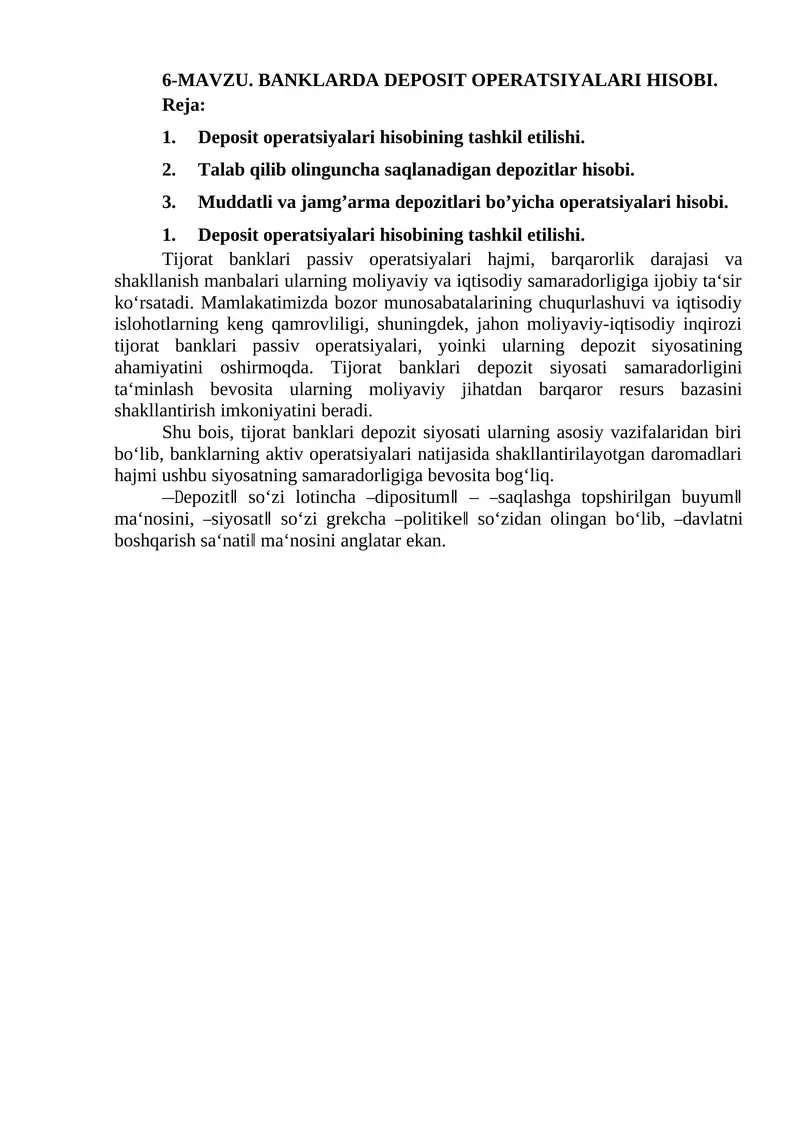 BANKLARDA DEPOSIT OPERATSIYALARI HISOBI