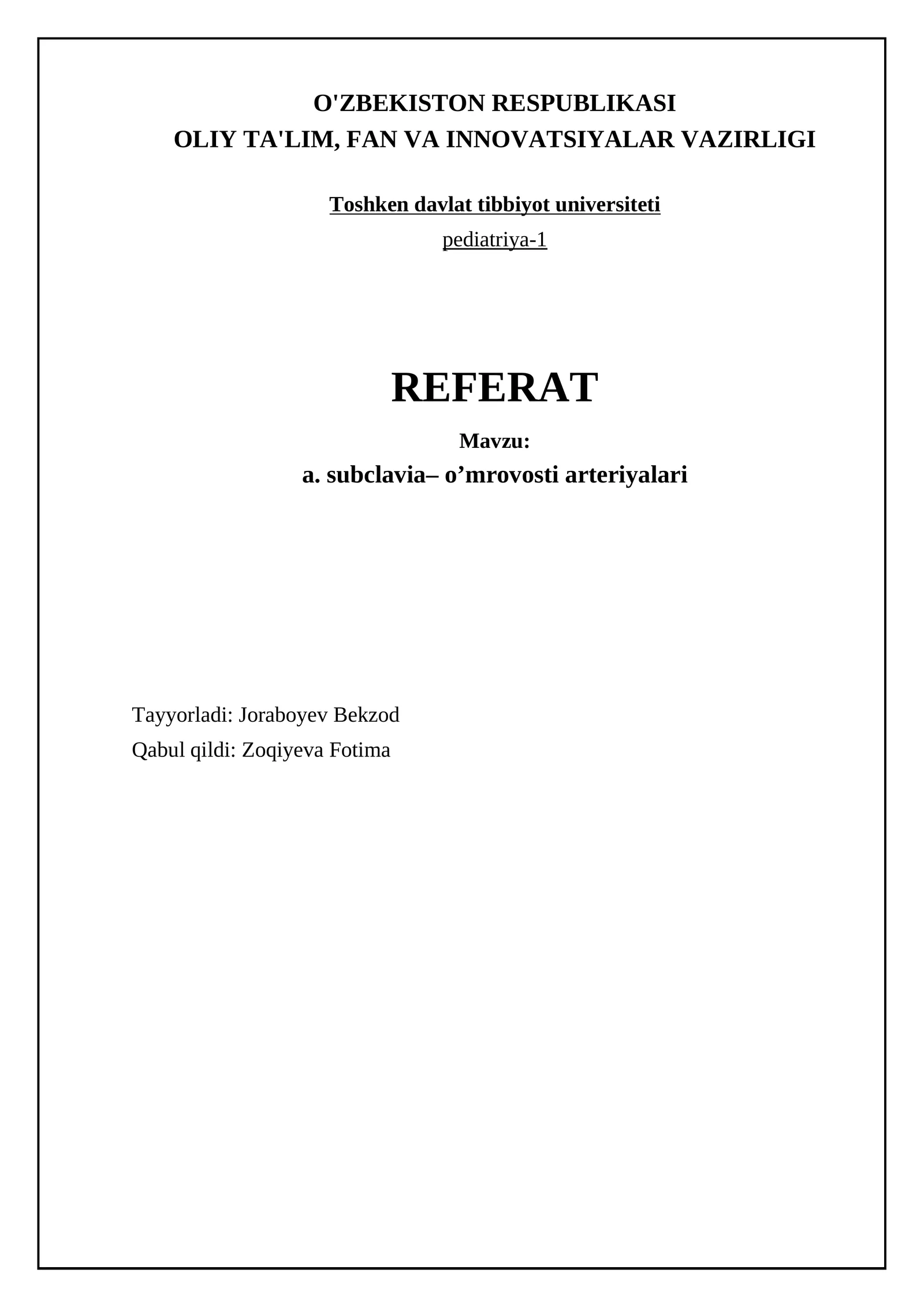 a. subclavia– o’mrovosti arteriyalari