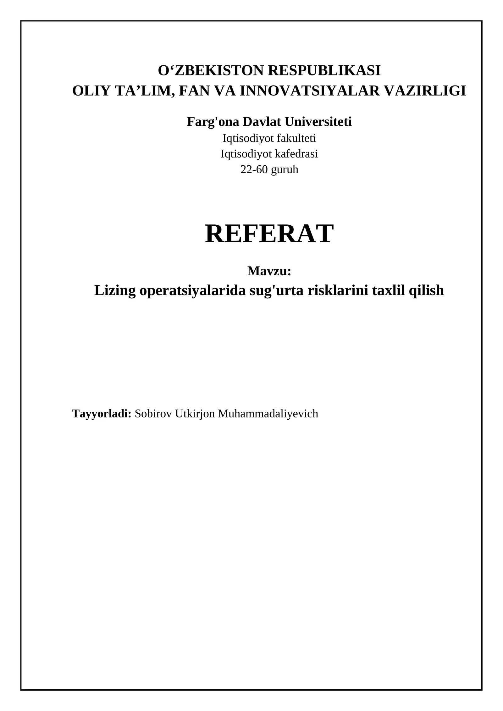 Lizing operatsiyalarida sug'urta risklarini taxlil qilish