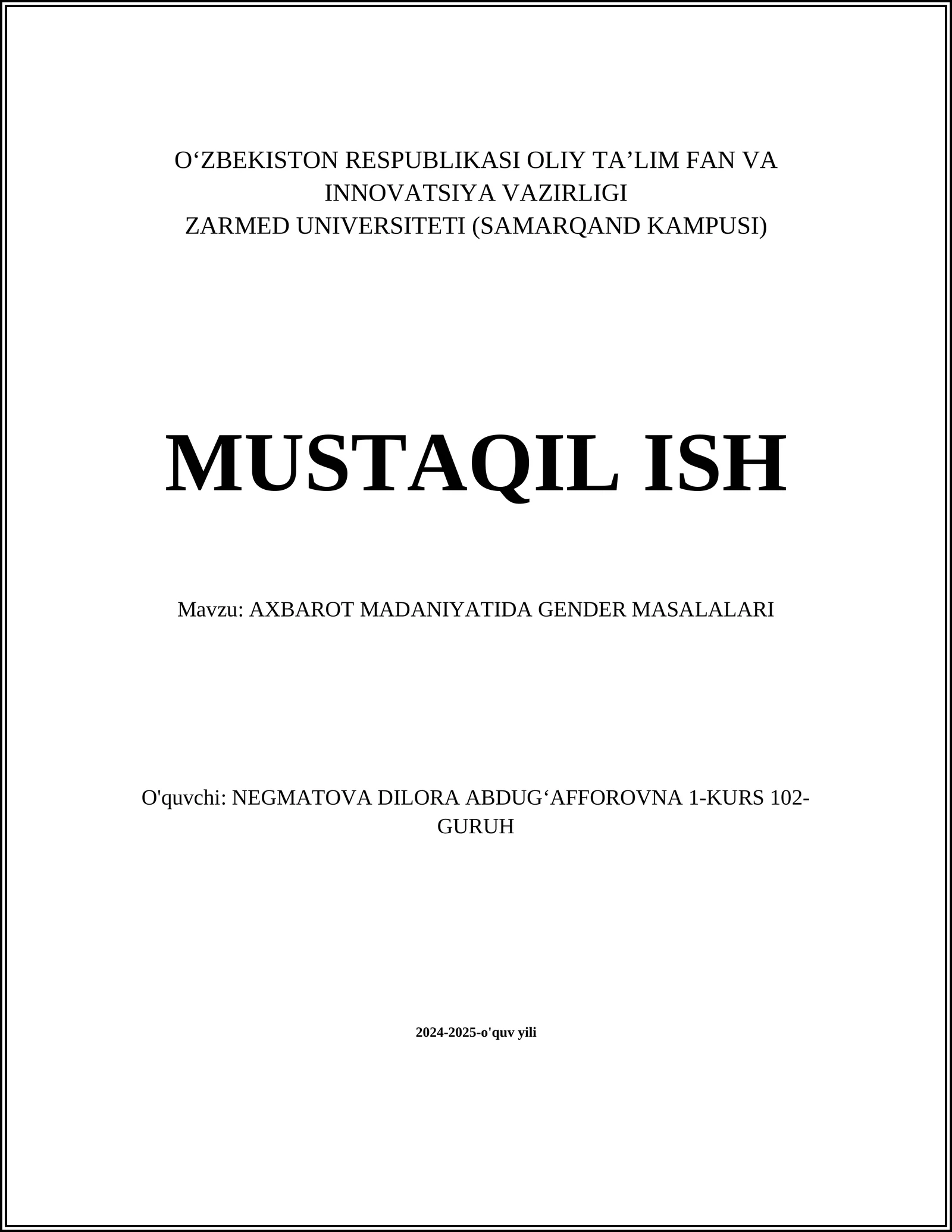 AXBAROT MADANIYATIDA GENDER MASALALARI