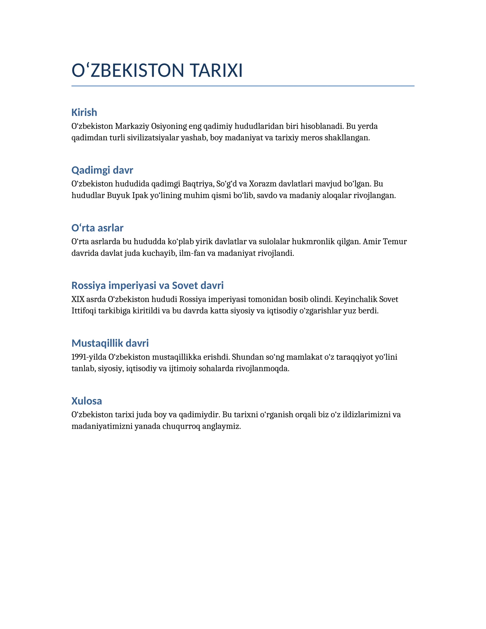 O‘ZBEKISTON TARIXI