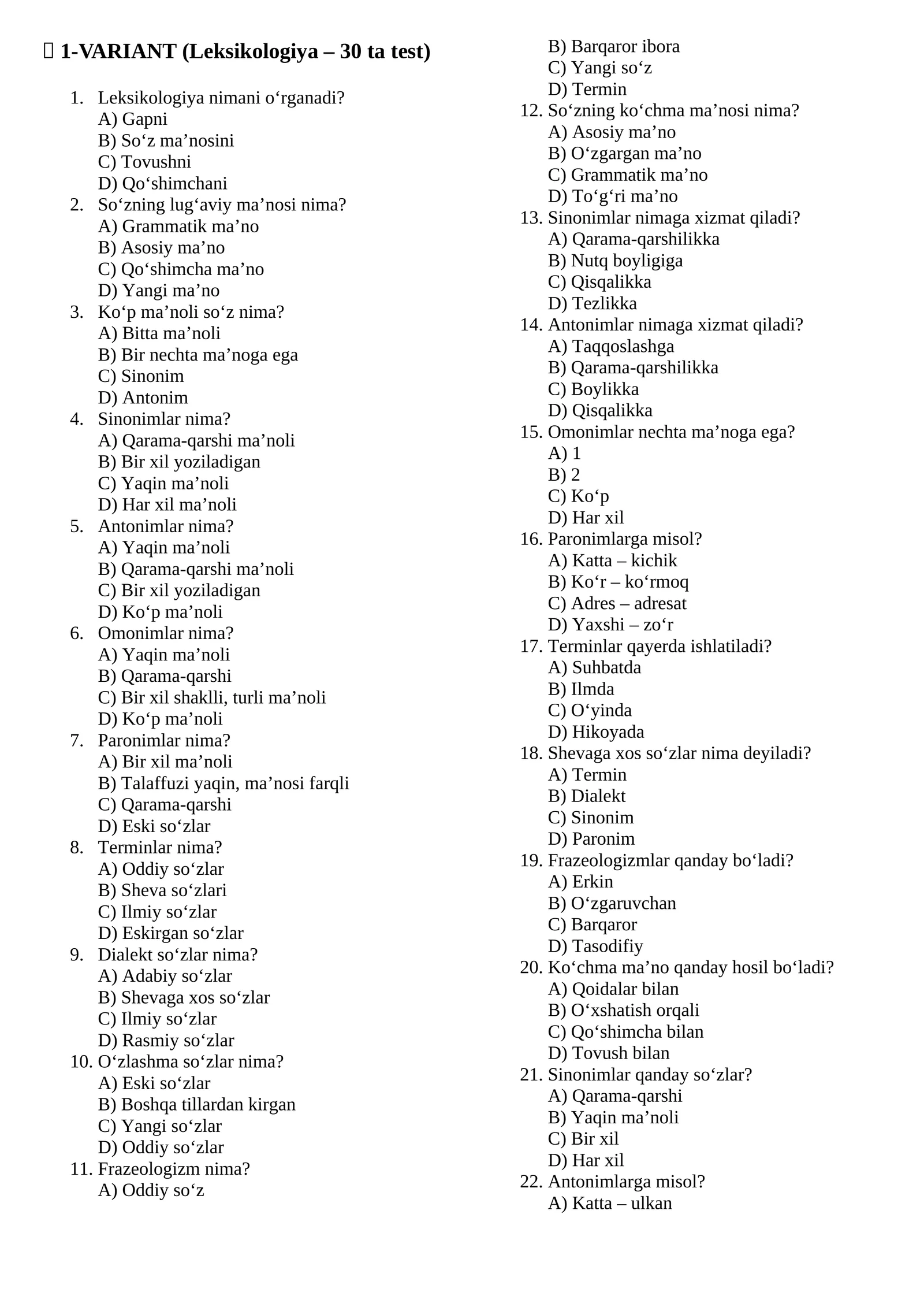 1-VARIANT (Leksikologiya – 30 ta test)