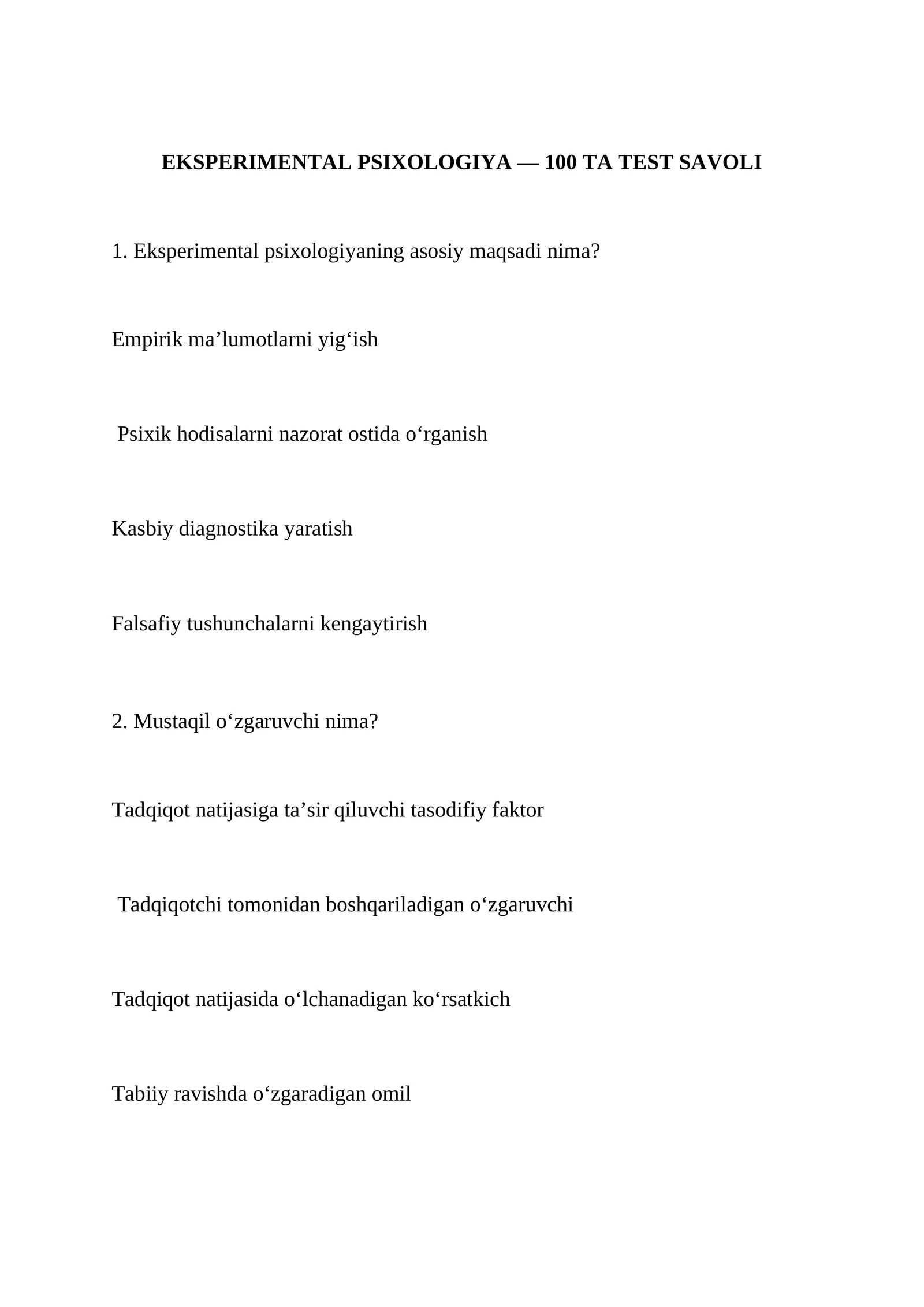 EKSPERIMENTAL PSIXOLOGIYA — 100 TA TEST SAVOLI